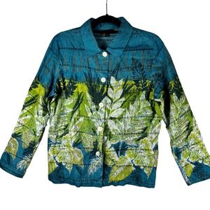 Mirasol Cotton Linen Tropical Leaf Print Jacket Blue Green Ladder Stitch Large